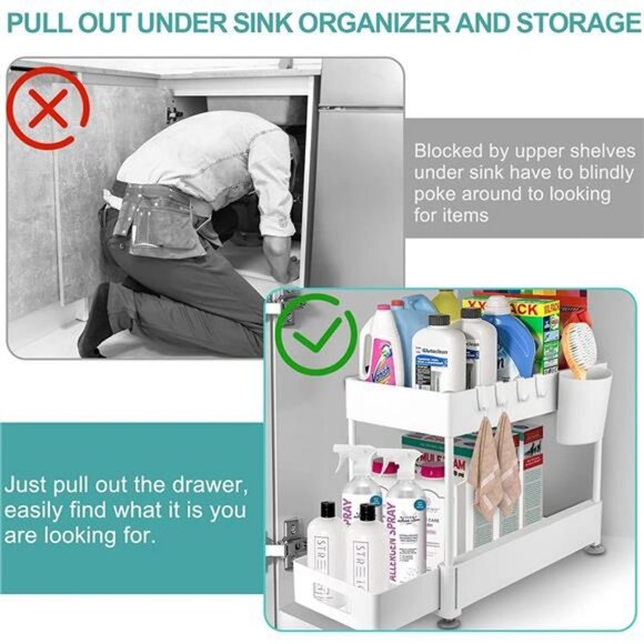 2-Tier Pull Out under sink organizers and storage, bathroom organizer with Hook - Picture 7 of 12